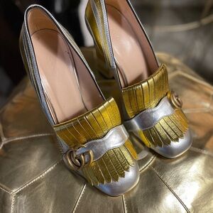 Gucci Marmont Zebra Heels Gold and Silver Women's Loafers